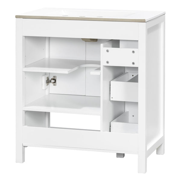 English Elm 30 Inch Freestanding Bathroom Vanity Ceramic Undermount Sink Open Shelf Soft Close White N725P451494K