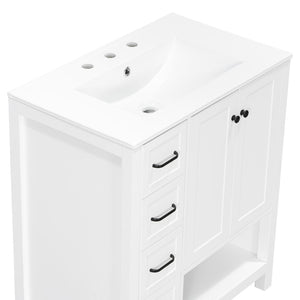 English Elm 30 Inch Freestanding Bathroom Vanity Ceramic Undermount Sink Open Shelf Soft Close White N725P451494K
