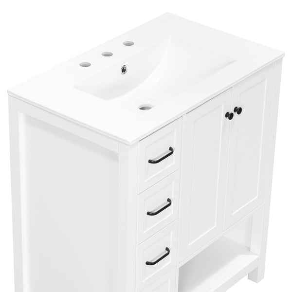 English Elm 30 Inch Freestanding Bathroom Vanity Ceramic Undermount Sink Open Shelf Soft Close White N725P451494K