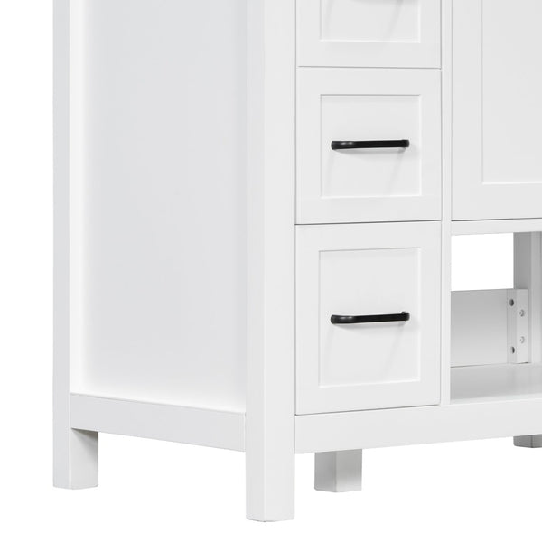 English Elm 30 Inch Freestanding Bathroom Vanity Ceramic Undermount Sink Open Shelf Soft Close White N725P451494K