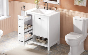 English Elm 30 Inch Freestanding Bathroom Vanity Ceramic Undermount Sink Open Shelf Soft Close White N725P451494K