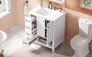 English Elm 30 Inch Freestanding Bathroom Vanity Ceramic Undermount Sink Open Shelf Soft Close White N725P451494K