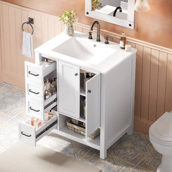 English Elm 30 Inch Freestanding Bathroom Vanity Ceramic Undermount Sink Open Shelf Soft Close White N725P451494K