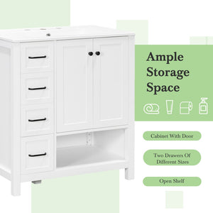 English Elm 30 Inch Freestanding Bathroom Vanity Ceramic Undermount Sink Open Shelf Soft Close White N725P451494K