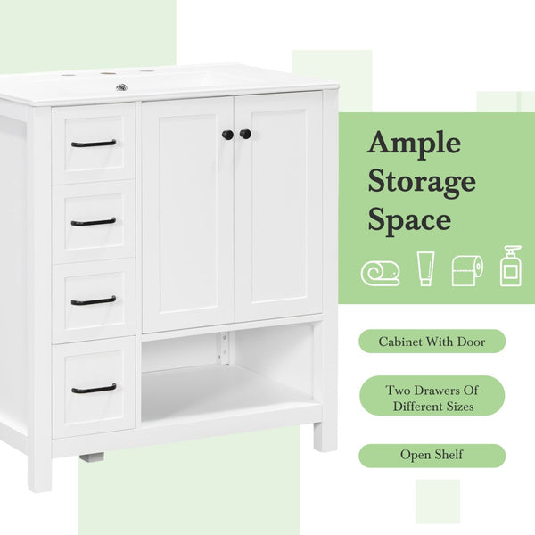English Elm 30 Inch Freestanding Bathroom Vanity Ceramic Undermount Sink Open Shelf Soft Close White N725P451494K