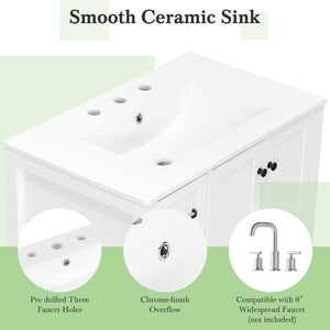 English Elm 30 Inch Freestanding Bathroom Vanity Ceramic Undermount Sink Open Shelf Soft Close White N725P451494K