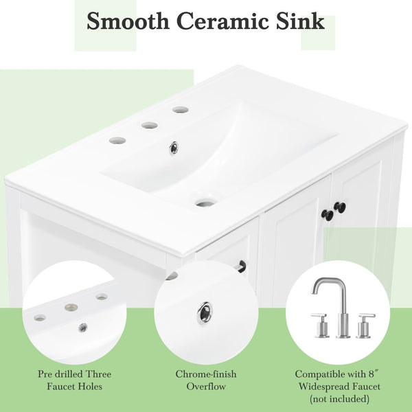 English Elm 30 Inch Freestanding Bathroom Vanity Ceramic Undermount Sink Open Shelf Soft Close White N725P451494K