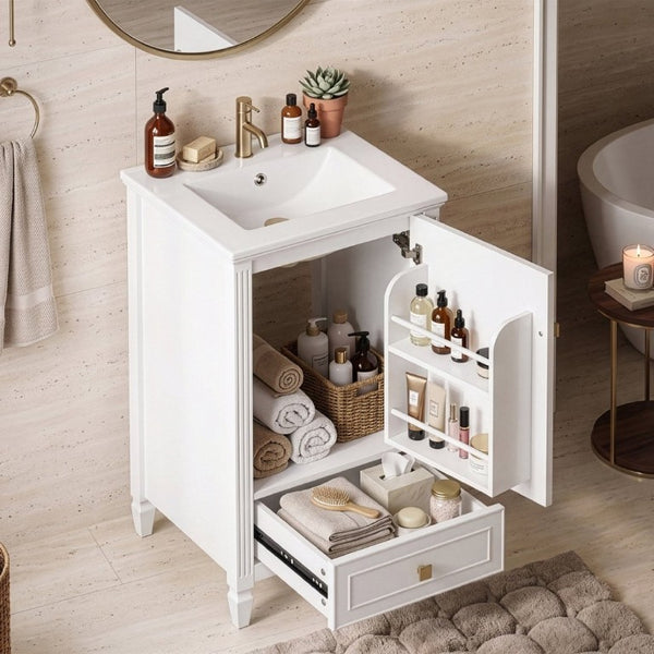 English Elm 20 Inch Freestanding Bathroom Vanity with Ceramic Sink Retro Legs and Soft Close Storage N725P452402K