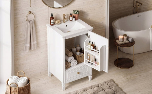 English Elm 20 Inch Freestanding Bathroom Vanity with Ceramic Sink Retro Legs and Soft Close Storage N725P452402K