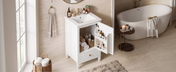 English Elm 20 Inch Freestanding Bathroom Vanity with Ceramic Sink Retro Legs and Soft Close Storage N725P452402K