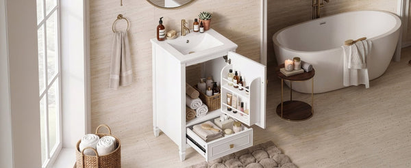 English Elm 20 Inch Freestanding Bathroom Vanity with Ceramic Sink Retro Legs and Soft Close Storage N725P452402K
