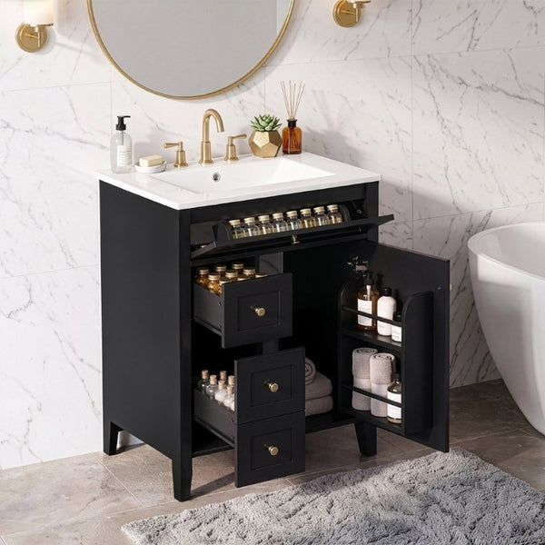 English Elm 24 Inch Freestanding Bathroom Vanity with Ceramic Sink Soft Close Cabinet Gold Handles Black N725P452408B