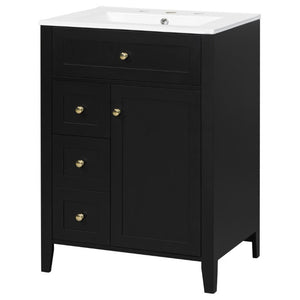 English Elm 24 Inch Freestanding Bathroom Vanity with Ceramic Sink Soft Close Cabinet Gold Handles Black N725P452408B