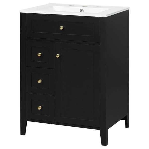 English Elm 24 Inch Freestanding Bathroom Vanity with Ceramic Sink Soft Close Cabinet Gold Handles Black N725P452408B