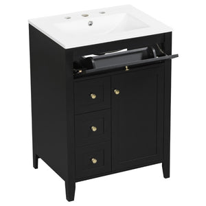 English Elm 24 Inch Freestanding Bathroom Vanity with Ceramic Sink Soft Close Cabinet Gold Handles Black N725P452408B