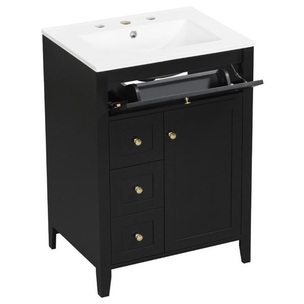 English Elm 24 Inch Freestanding Bathroom Vanity with Ceramic Sink Soft Close Cabinet Gold Handles Black N725P452408B