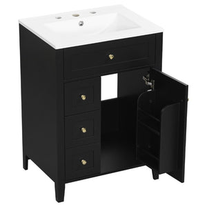 English Elm 24 Inch Freestanding Bathroom Vanity with Ceramic Sink Soft Close Cabinet Gold Handles Black N725P452408B