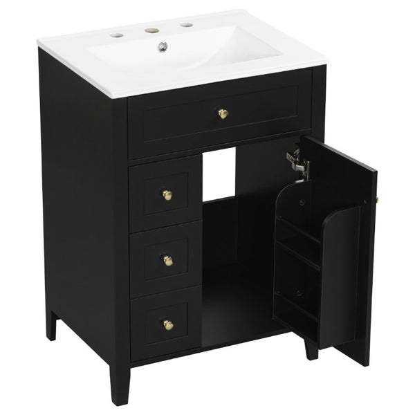 English Elm 24 Inch Freestanding Bathroom Vanity with Ceramic Sink Soft Close Cabinet Gold Handles Black N725P452408B