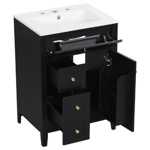 English Elm 24 Inch Freestanding Bathroom Vanity with Ceramic Sink Soft Close Cabinet Gold Handles Black N725P452408B
