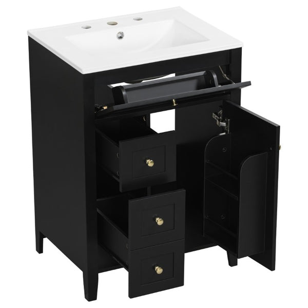 English Elm 24 Inch Freestanding Bathroom Vanity with Ceramic Sink Soft Close Cabinet Gold Handles Black N725P452408B