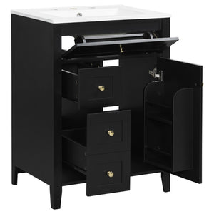 English Elm 24 Inch Freestanding Bathroom Vanity with Ceramic Sink Soft Close Cabinet Gold Handles Black N725P452408B