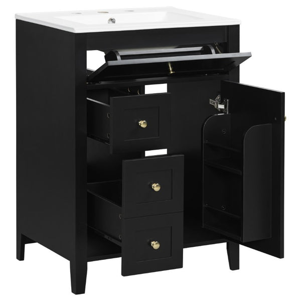 English Elm 24 Inch Freestanding Bathroom Vanity with Ceramic Sink Soft Close Cabinet Gold Handles Black N725P452408B