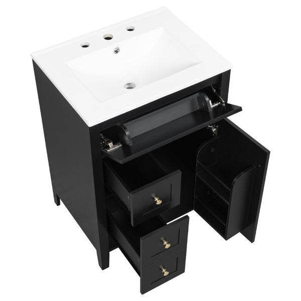 English Elm 24 Inch Freestanding Bathroom Vanity with Ceramic Sink Soft Close Cabinet Gold Handles Black N725P452408B