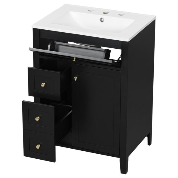English Elm 24 Inch Freestanding Bathroom Vanity with Ceramic Sink Soft Close Cabinet Gold Handles Black N725P452408B