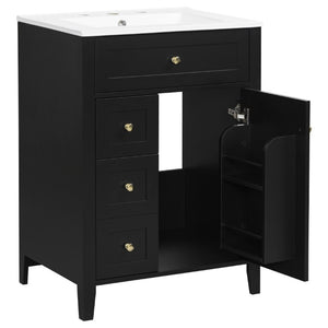 English Elm 24 Inch Freestanding Bathroom Vanity with Ceramic Sink Soft Close Cabinet Gold Handles Black N725P452408B