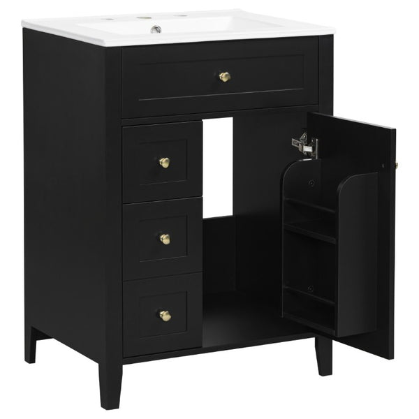 English Elm 24 Inch Freestanding Bathroom Vanity with Ceramic Sink Soft Close Cabinet Gold Handles Black N725P452408B