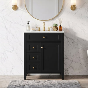 English Elm 24 Inch Freestanding Bathroom Vanity with Ceramic Sink Soft Close Cabinet Gold Handles Black N725P452408B