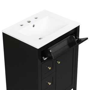 English Elm 24 Inch Freestanding Bathroom Vanity with Ceramic Sink Soft Close Cabinet Gold Handles Black N725P452408B