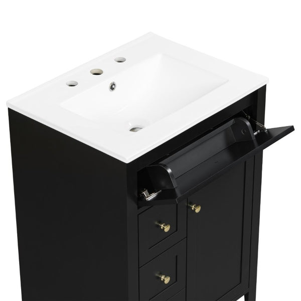 English Elm 24 Inch Freestanding Bathroom Vanity with Ceramic Sink Soft Close Cabinet Gold Handles Black N725P452408B