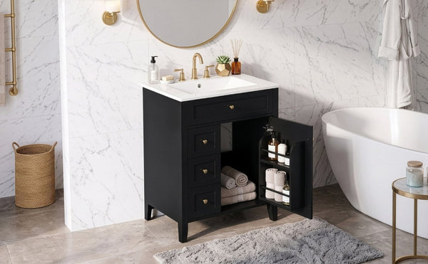 English Elm 24 Inch Freestanding Bathroom Vanity with Ceramic Sink Soft Close Cabinet Gold Handles Black N725P452408B