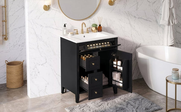 English Elm 24 Inch Freestanding Bathroom Vanity with Ceramic Sink Soft Close Cabinet Gold Handles Black N725P452408B