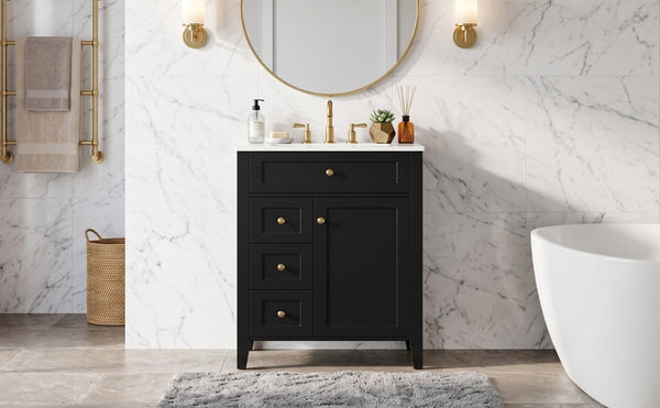 English Elm 24 Inch Freestanding Bathroom Vanity with Ceramic Sink Soft Close Cabinet Gold Handles Black N725P452408B