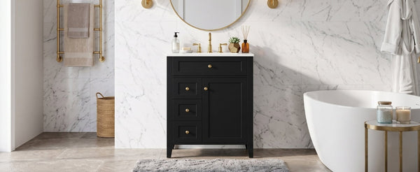 English Elm 24 Inch Freestanding Bathroom Vanity with Ceramic Sink Soft Close Cabinet Gold Handles Black N725P452408B