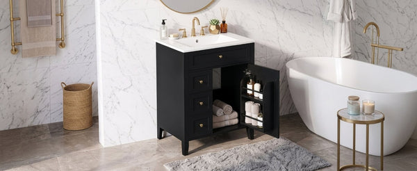 English Elm 24 Inch Freestanding Bathroom Vanity with Ceramic Sink Soft Close Cabinet Gold Handles Black N725P452408B