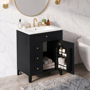 English Elm 24 Inch Freestanding Bathroom Vanity with Ceramic Sink Soft Close Cabinet Gold Handles Black N725P452408B