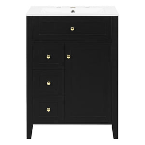 English Elm 24 Inch Freestanding Bathroom Vanity with Ceramic Sink Soft Close Cabinet Gold Handles Black N725P452408B