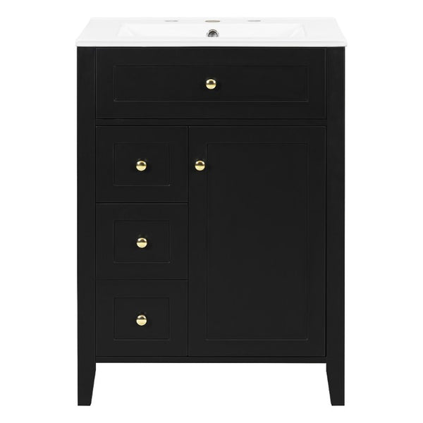 English Elm 24 Inch Freestanding Bathroom Vanity with Ceramic Sink Soft Close Cabinet Gold Handles Black N725P452408B