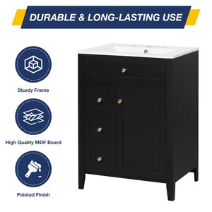 English Elm 24 Inch Freestanding Bathroom Vanity with Ceramic Sink Soft Close Cabinet Gold Handles Black N725P452408B