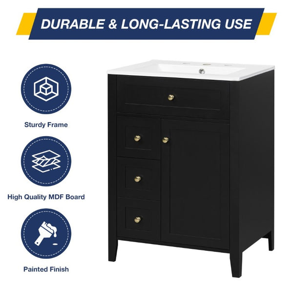 English Elm 24 Inch Freestanding Bathroom Vanity with Ceramic Sink Soft Close Cabinet Gold Handles Black N725P452408B