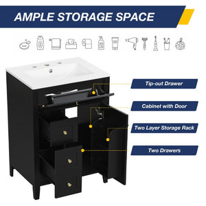 English Elm 24 Inch Freestanding Bathroom Vanity with Ceramic Sink Soft Close Cabinet Gold Handles Black N725P452408B