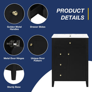 English Elm 24 Inch Freestanding Bathroom Vanity with Ceramic Sink Soft Close Cabinet Gold Handles Black N725P452408B