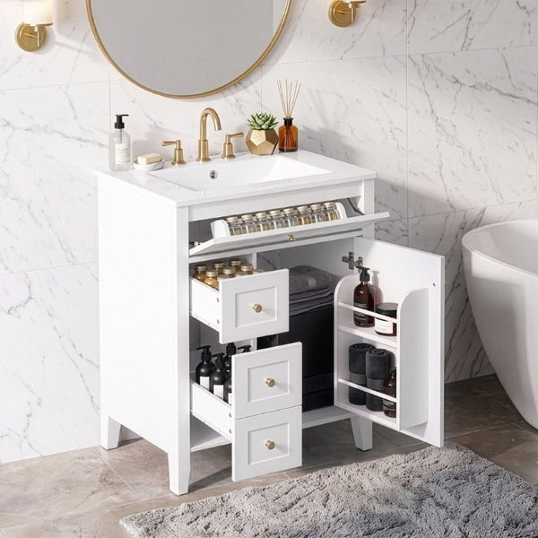 English Elm 24 Inch Freestanding Bathroom Vanity with Ceramic Sink Soft Close Cabinet Gold Handles White N725P452408K