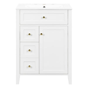 English Elm 24 Inch Freestanding Bathroom Vanity with Ceramic Sink Soft Close Cabinet Gold Handles White N725P452408K