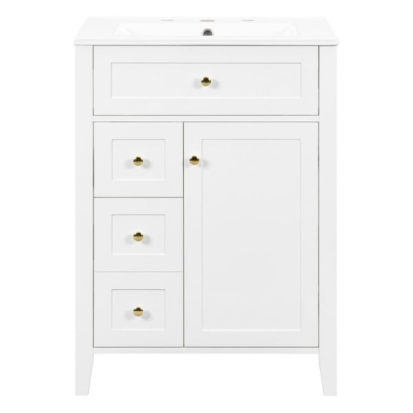 English Elm 24 Inch Freestanding Bathroom Vanity with Ceramic Sink Soft Close Cabinet Gold Handles White N725P452408K