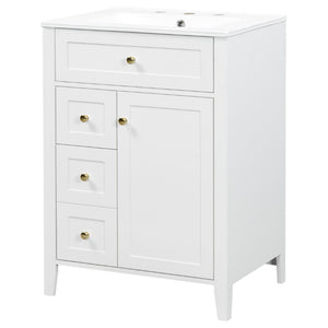 English Elm 24 Inch Freestanding Bathroom Vanity with Ceramic Sink Soft Close Cabinet Gold Handles White N725P452408K