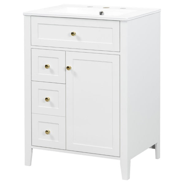 English Elm 24 Inch Freestanding Bathroom Vanity with Ceramic Sink Soft Close Cabinet Gold Handles White N725P452408K